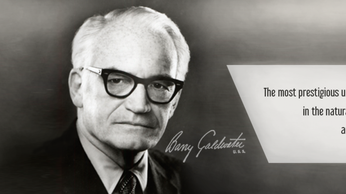 black and white image of Barry Goldwater with text