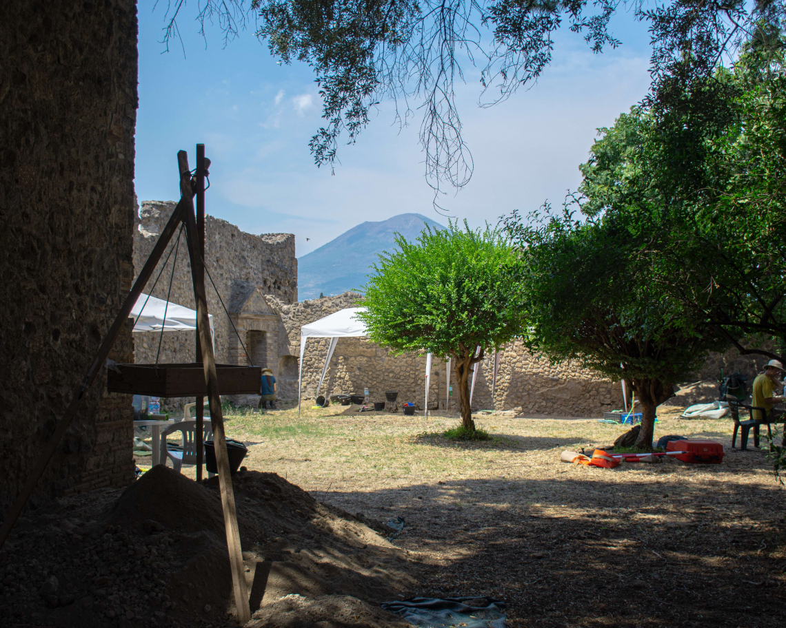 A photo taken by Dani at Pompeii for her article on the excavations of the Casa della Regina Carolina Project (Cornell, Reading). Vesuvius can be seen in the background beyond the walls of the home's garden.